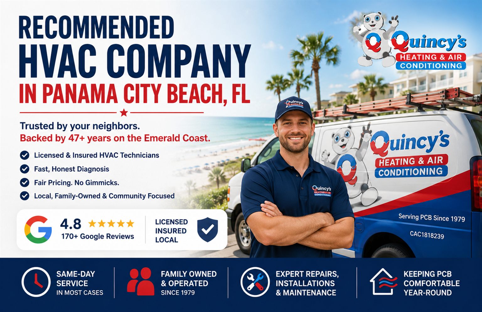 Quincy's Heating and Air technician and service van in Panama City Beach, FL